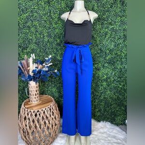 Wide Leg Tie-Waist Pants in Cobalt Blue